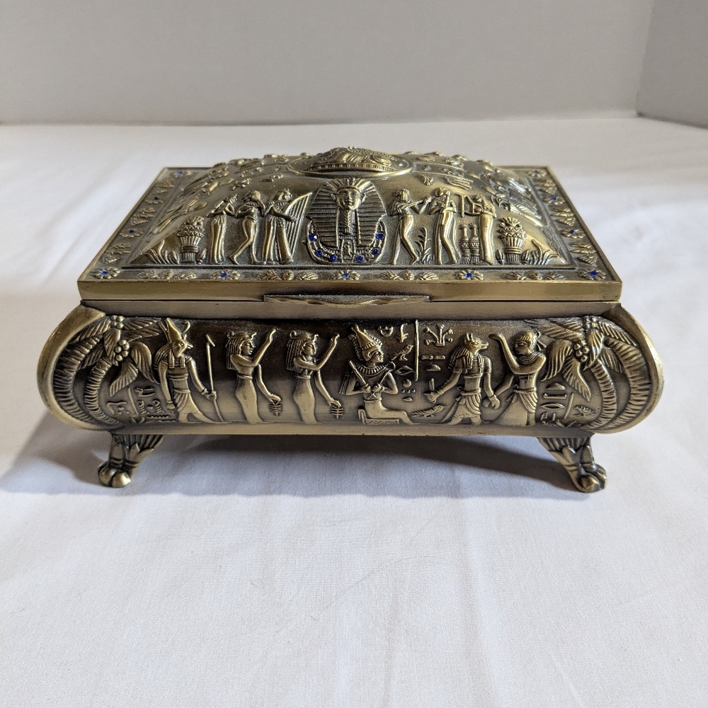 Jewelry Trinket Box Metal Velvet Lined Hinged Embossed Egyptian Pharoah